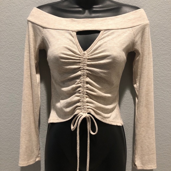 SOLD! Cream Long Sleeve Off the Shoulder Crop Top - Picture 1 of 3